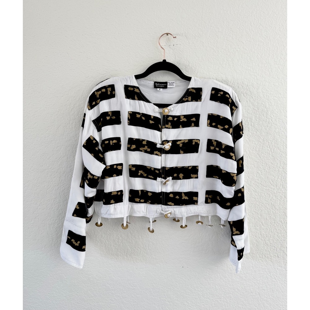 Nativewear Designs Jacket Womens Medium White Black Gold Vintage Toggle Cropped